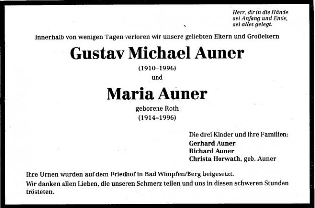 Auner Gustav 1910-1996 Roth Maria 1914-1996 Todesanzeige